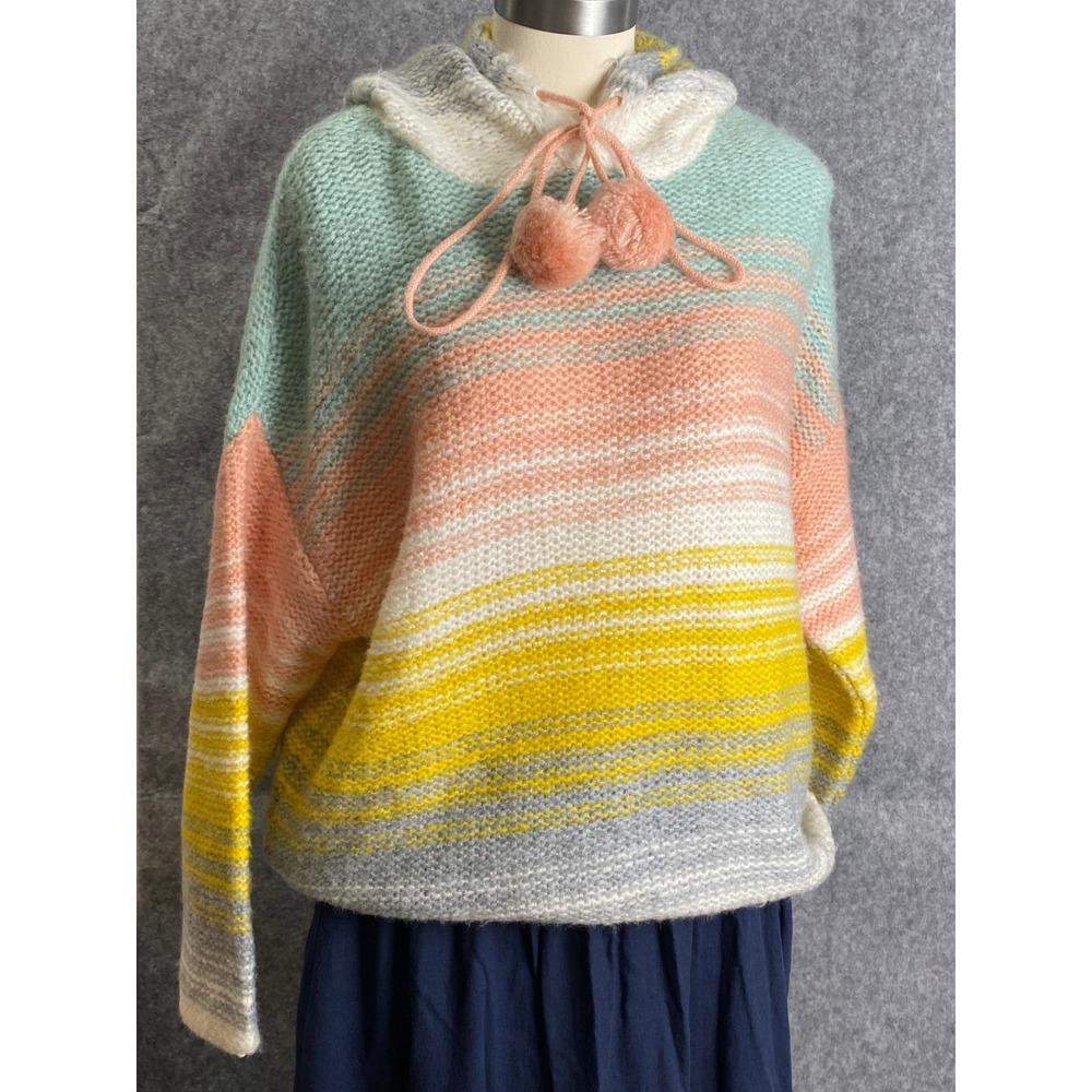 Cupcake Clothing Pastel Stripe Knit Hoodie Sweater Pom Pom Tie Rainbow Cozy‎ S